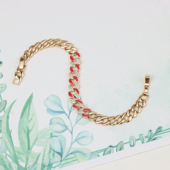 Rose Gold Bracelet with Red Enamel and Crystal Pave Links, XPBL0728 - Picture 2 of 12